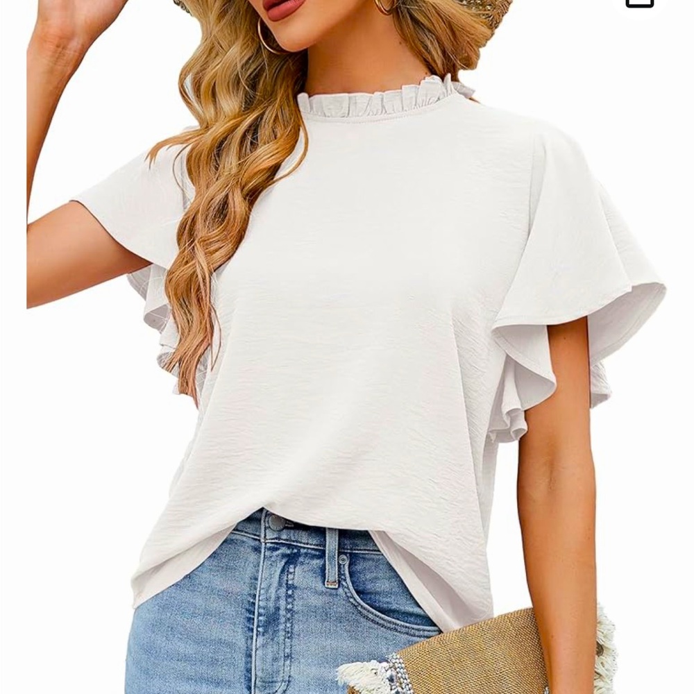 White ruffle-short sleeve blouse NWOT.